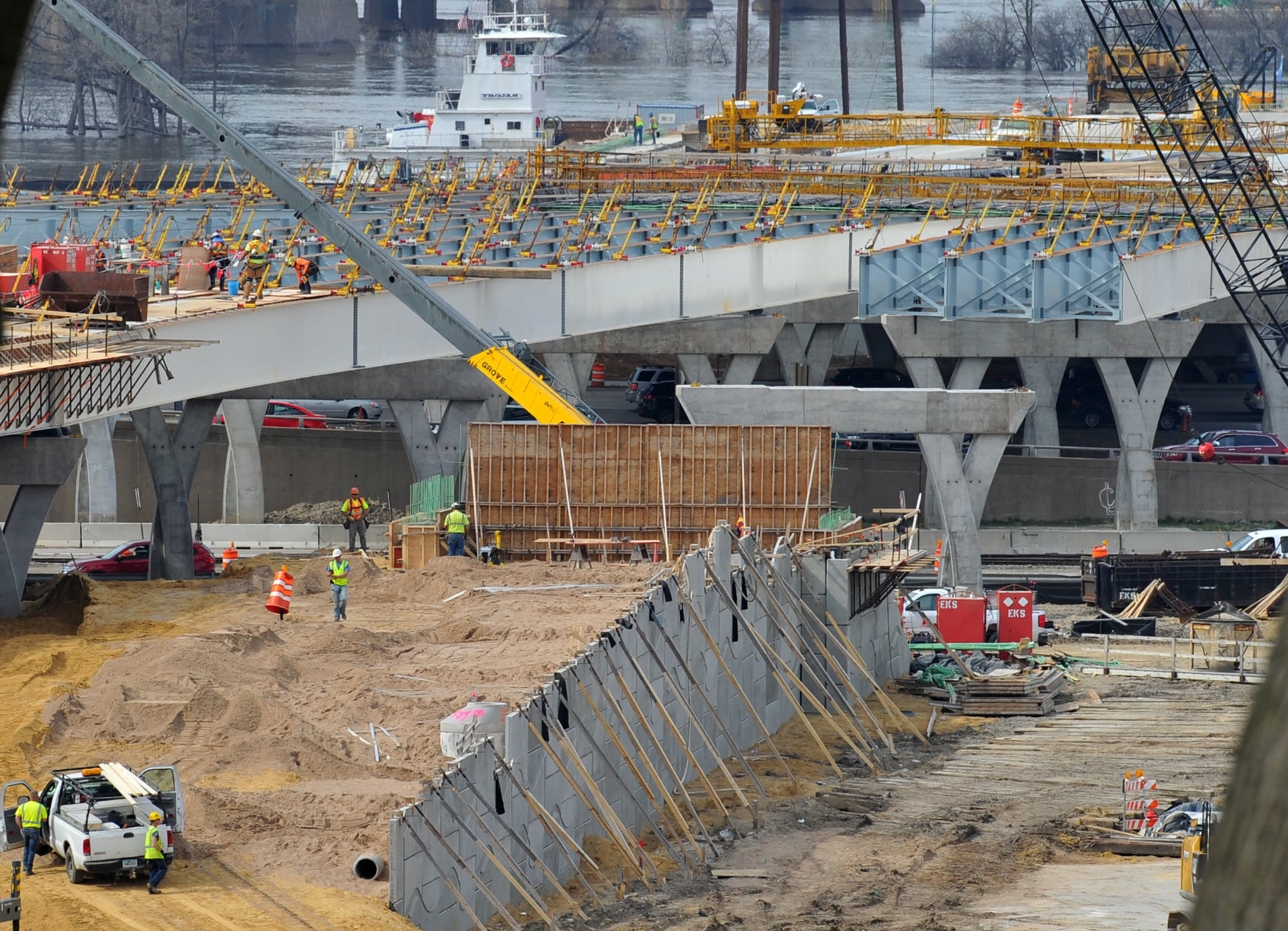 Construction and demolition work for the new Interstate 74 bridge.